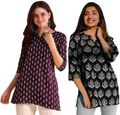 ak fashion mall Casual Printed, Floral Print, Ethnic Motifs Women Purple, Black Top