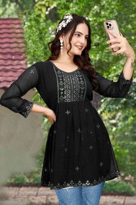 KRULRIN Casual Embellished Women Black Top