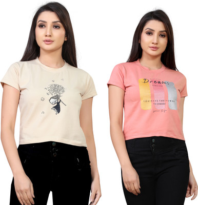 Tween Trends Casual Printed Women Beige, Pink Top
