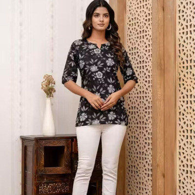 LAMBA Formal Floral Print Women Black Top