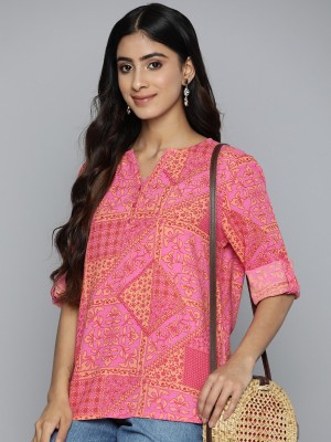 Bhiterwal Casual Printed Women Beige, Pink, Red Top