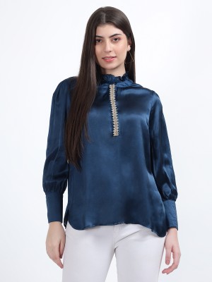 DRAPE AND DAZZLE Casual Solid Women Dark Blue Top