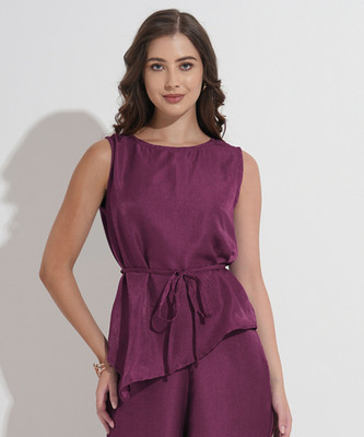 FashFun Casual 3/4 Sleeve Solid Women Purple Top
