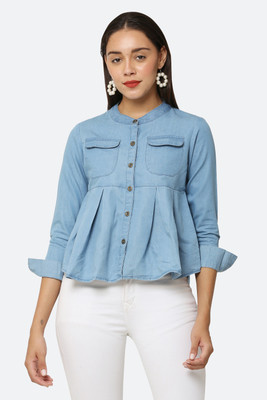 Avyanna Casual Solid Women Light Blue Top
