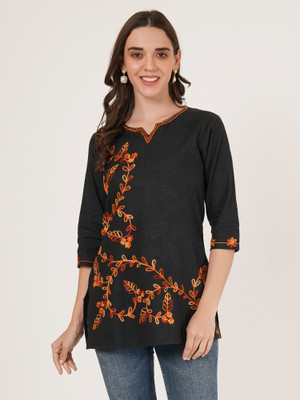 Miss Peach Women Embroidered A-line Kurta(Black)