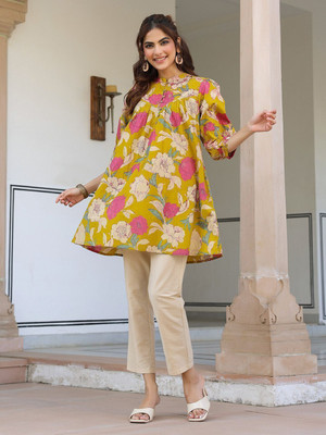 Janasya Casual Floral Print Women Yellow Top