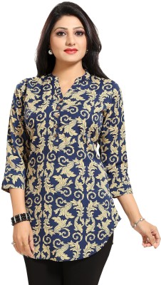 GMK Casual 3/4 Sleeve Printed Women Blue, Beige Top