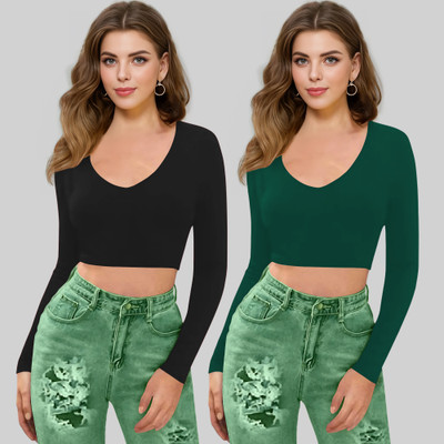 Dream Beauty Fashion Casual Self Design Women Dark Green, Black Top