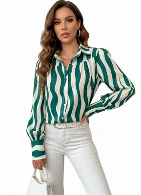 Leriya Fashion Casual Striped Women Green Top