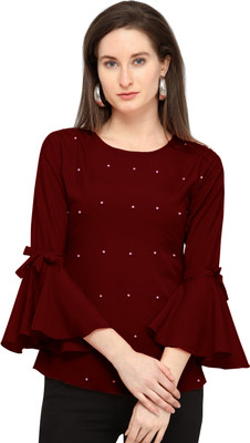 Sheetal Associates Casual 3/4 Sleeve Embellished Women Maroon Top