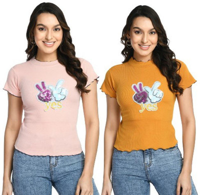 GLADLY Casual Printed Women Pink, Yellow Top