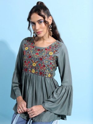 Tokyo Talkies Casual Embroidered Women Light Green Top