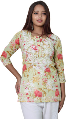 myplusfashion Casual Floral Print Women Orange Top