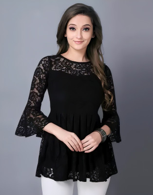 HEMANG FASHION Casual Self Design Women Black Top