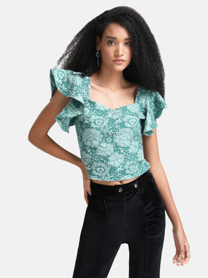 KAZO Casual Floral Print Women Green Top