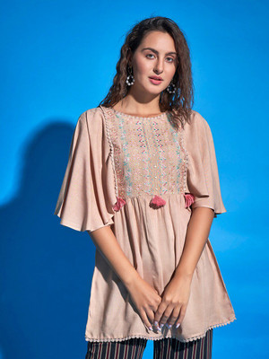 Sangria Casual Embroidered Women Pink Top