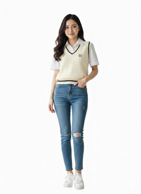 TR HAUTE Casual Striped, Embroidered Women Beige, White Top