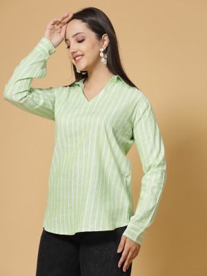 VINH FASHION Casual Striped Women Light Green, White Top