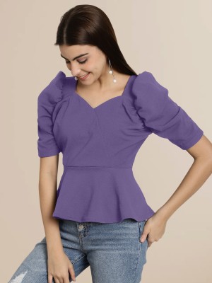 ANNSPRING Casual Solid Women Purple Top