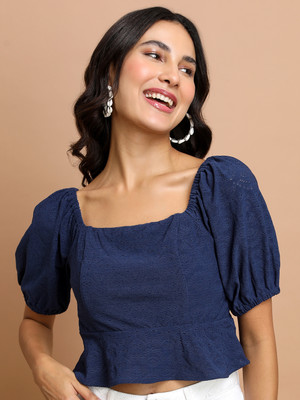 Tokyo Talkies Casual Self Design Women Dark Blue Top