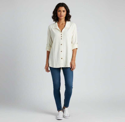 sandrfashion Casual Solid Women Beige Top