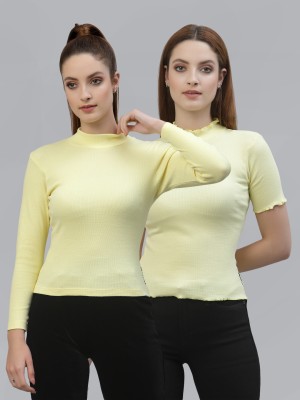 FRISKERS Casual Self Design Women Yellow Top