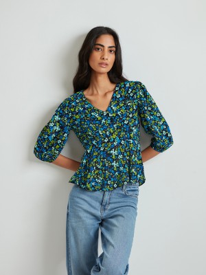 Cover Story Casual Floral Print Women Green Top