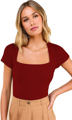 PRIME LOVE Casual Solid Women Maroon Top