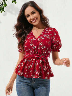 HEER FASHION Casual Floral Print Women Maroon Top