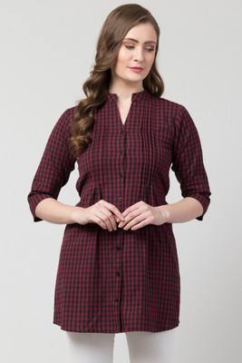 HouseOfCommon Casual Checkered Women Maroon Top