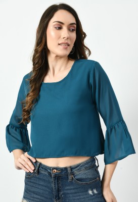 VESFRITA Party Solid Women Dark Blue Top