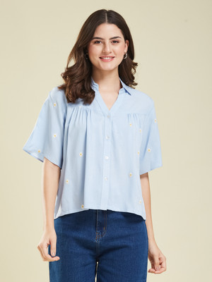 J TURRITOPSIS Casual Embroidered Women Blue Top
