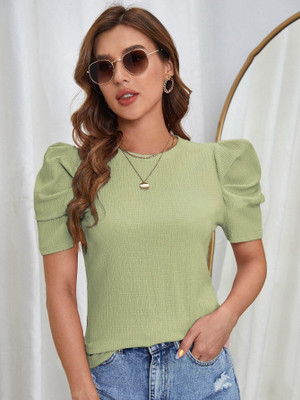 Moda Rapido Casual Solid Women Green Top