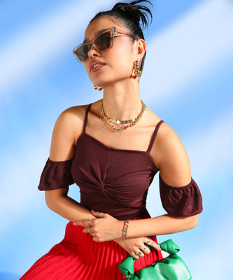 VICIA Casual Self Design Women Maroon Top