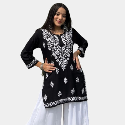 HouseOfTheSukh Women Chikan Embroidery, Embroidered, Solid, Self Design Straight Kurta(Black, White)