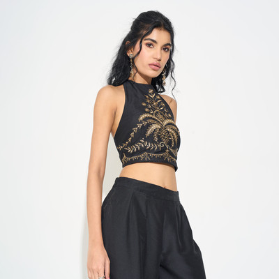 Akkriti by Pantaloons Casual Embroidered Women Black Top