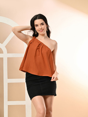 Azzurra Party Solid Women Brown Top