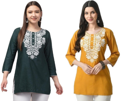 Aura Glam Women Chikan Embroidery A-line Kurta(Dark Green, Yellow)
