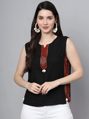 FABRIC FITOOR Casual Printed Women Black, Red Top