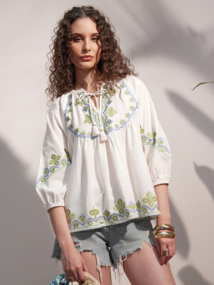Vishudh Casual Embroidered Women White Top