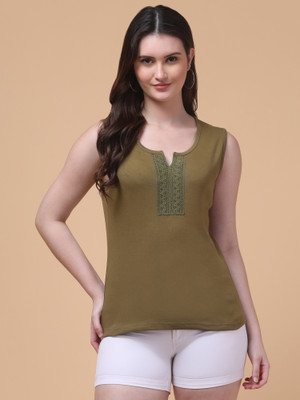 HouseOfCommon Casual Solid Women Green Top