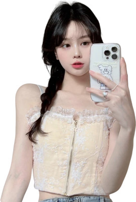 CRAMPLE Casual Solid Women Beige Top