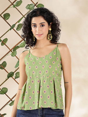 Anouk Rustic Casual Printed Women Green Top