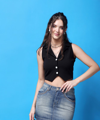 POPWINGS Casual Solid Women Black Top