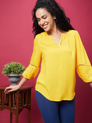 Globus Casual Solid Women Yellow Top