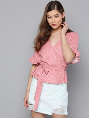 HARPA Casual Bell Sleeve Polka Print Women White, Pink Top