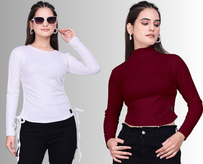 Dholakiya Empire Vibe LLP Casual Solid Women White, Maroon Top