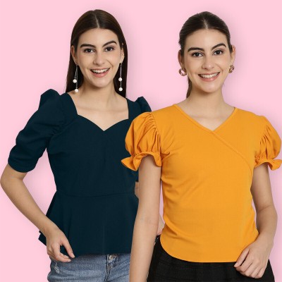 Tromko Casual Solid Women Dark Green, Yellow Top