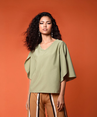 Chimpaaanzee Casual Flared Sleeve Solid Women Green Top