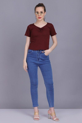 CLOTHINK India Casual Solid Women Maroon Top